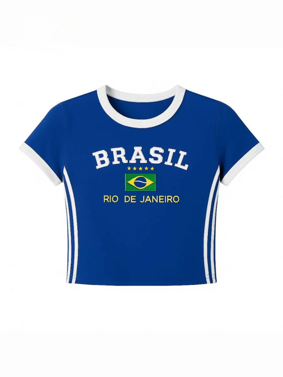 Blue Brasil printed crop top with white ribbed trims, side stripes, flag graphic, and short sleeves