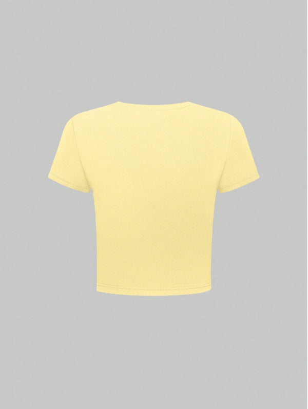 Floral crop top round neck short sleeve fitted yellow tee shirt 