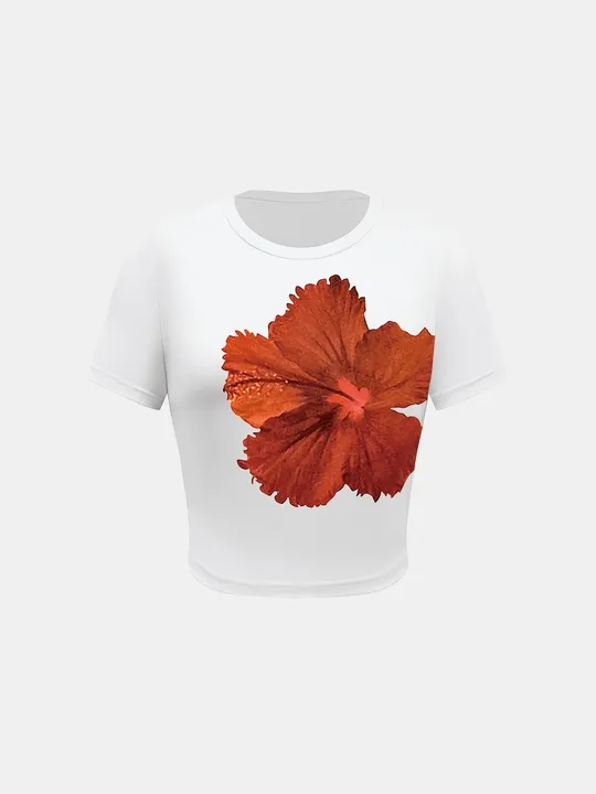Floral Crop Top Round Neck Short Sleeve Fitted Flower Tee Shirt | JM Looks