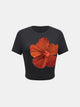 Floral Crop Top Round Neck Short Sleeve Fitted Flower Tee Shirt | JM Looks in Black-Red / XS