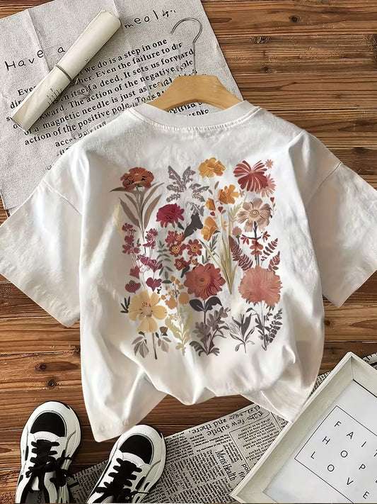 Crop top for women, white round neck half sleeve tee with large floral botanical back print