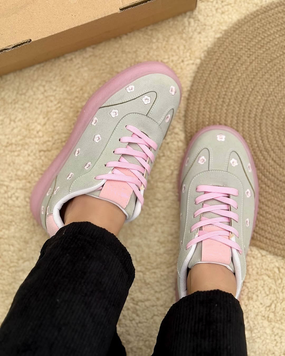 Grey suede sneakers for women with embroidered flowers, lace-up front and platform sole