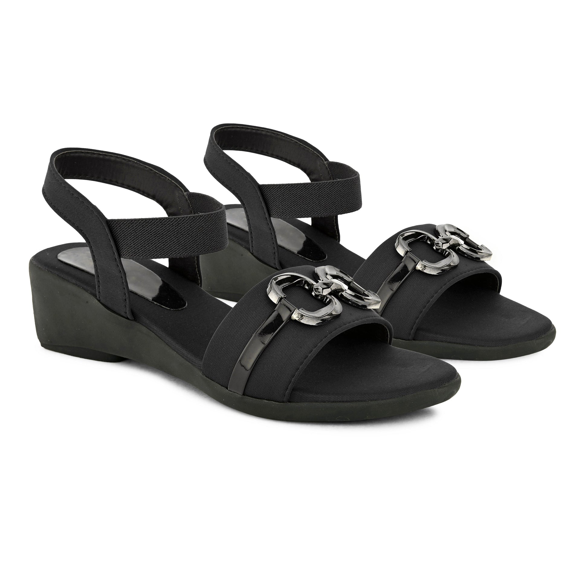 Jm Looks wedge sandals featuring a decorative buckle and an elastic ankle strap
 Black