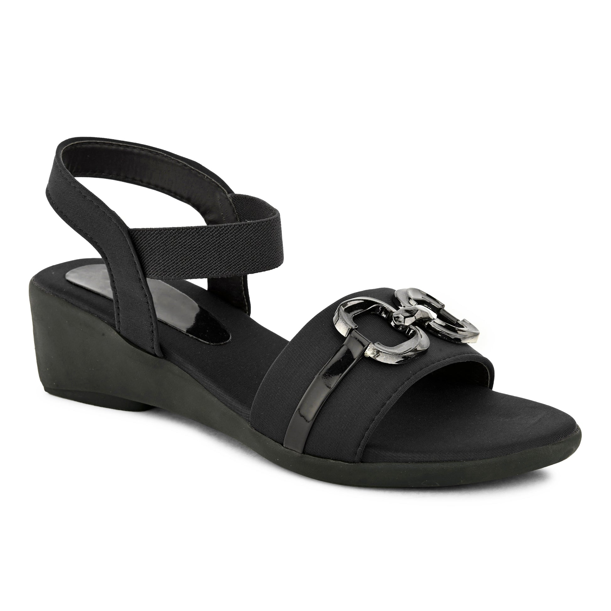 Jm Looks wedge sandals featuring a decorative buckle and an elastic ankle strap
 Black