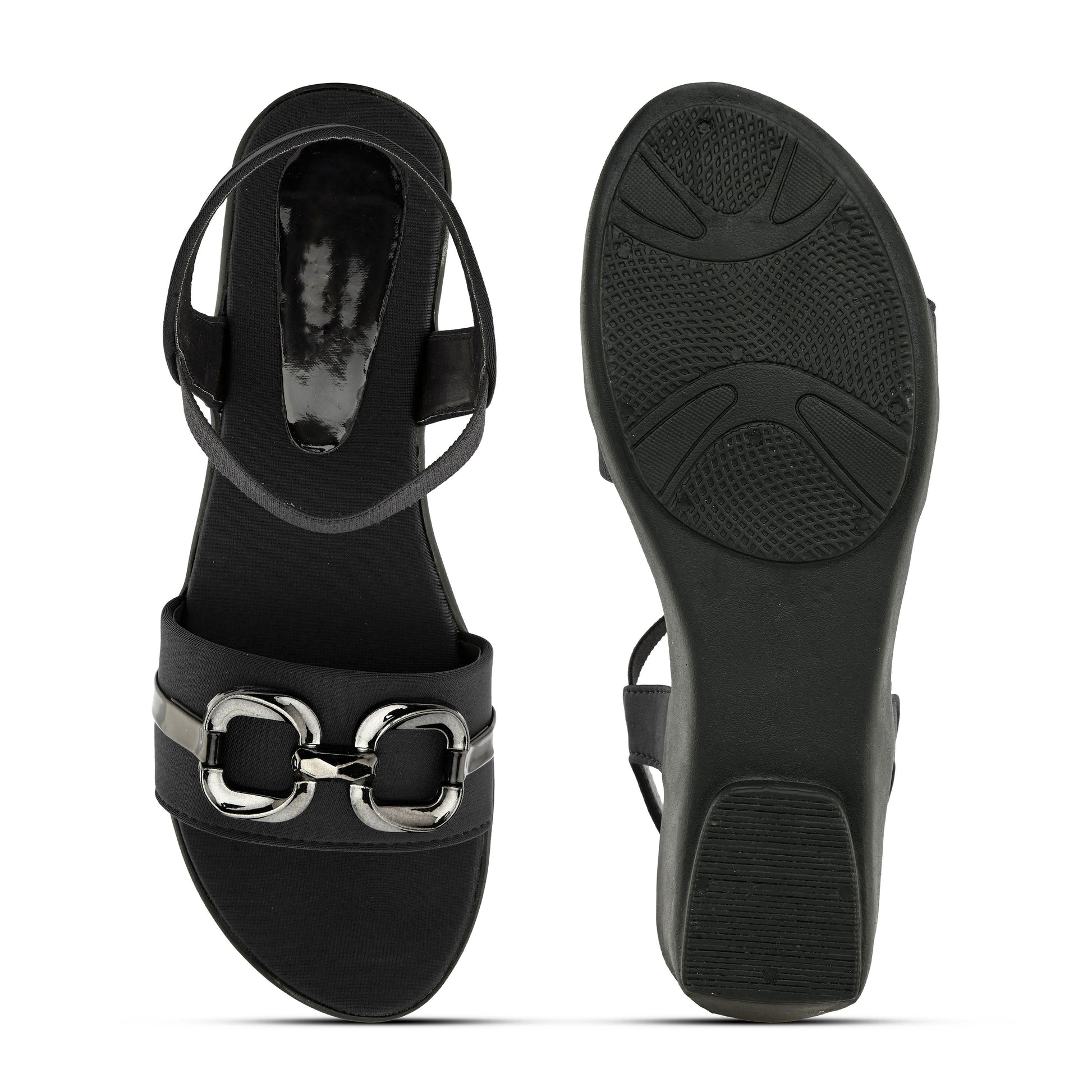 Jm Looks wedge sandals featuring a decorative buckle and an elastic ankle strap
 Black
