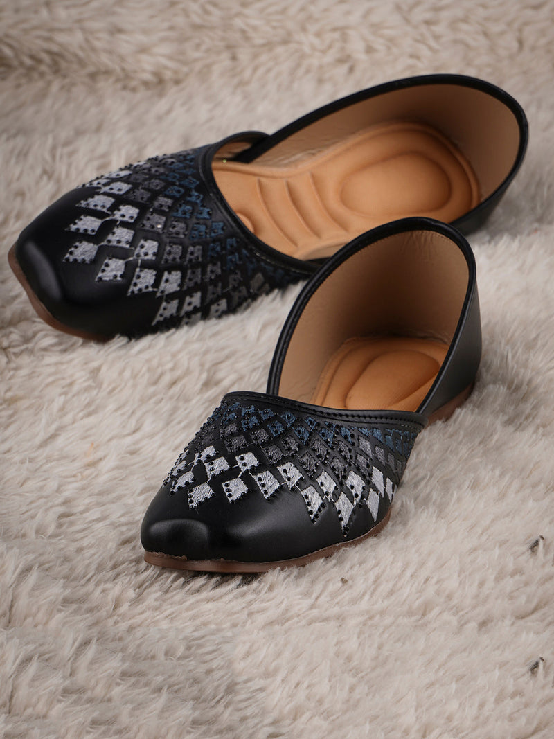 Women Ethnic Embellished Square Toe Leather Slip-On Flat jutti Black