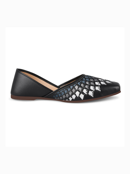 Women Ethnic Embellished Square Toe Leather Slip-On Flat jutti Black