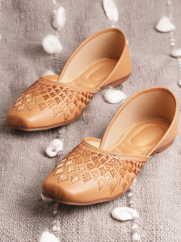 Tan Women Ethnic Embellished Square Toe Leather Slip-On Flat jutti