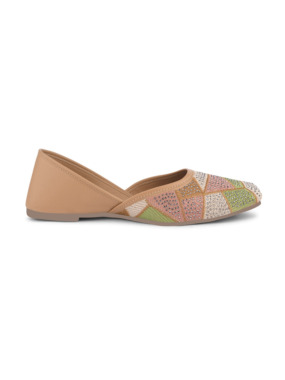 embellished juttis featuring a vibrant geometric pattern with sparkling details
 Beige
