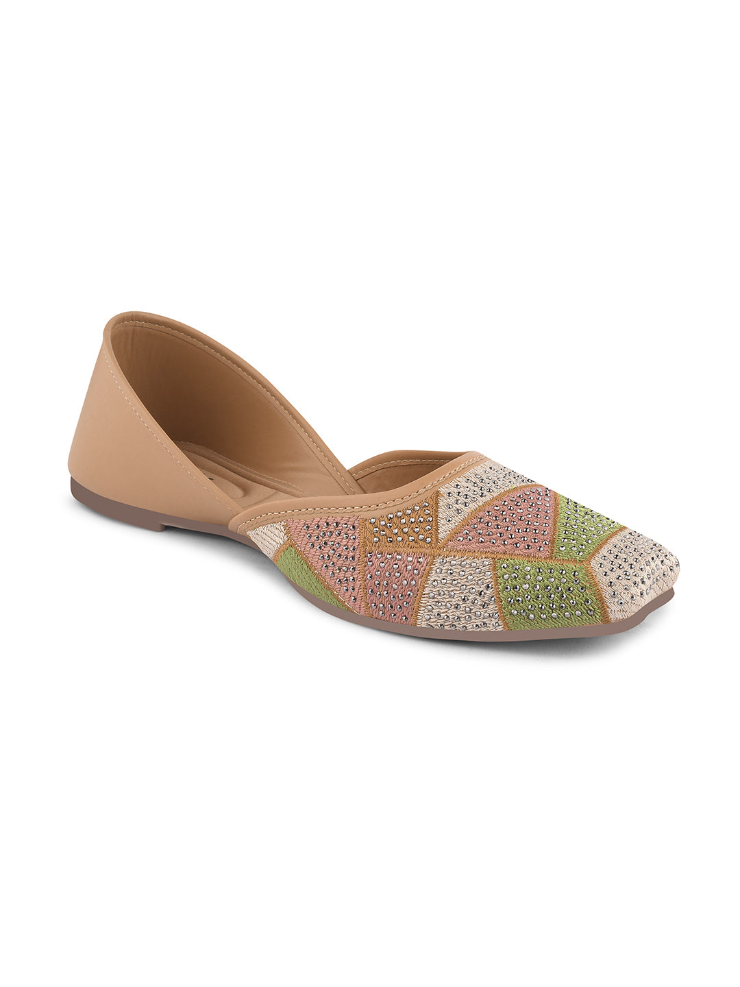 embellished juttis featuring a vibrant geometric pattern with sparkling details
 Beige