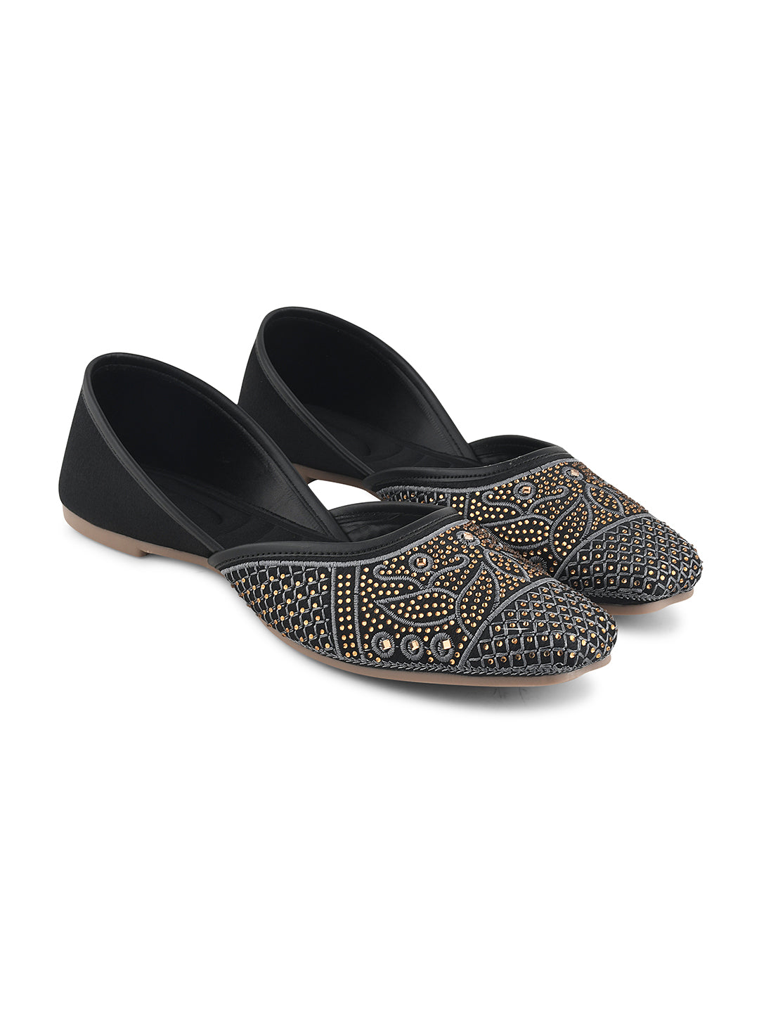 JM Looks women's juttis with intricate embellishments and a traditional design
 Black