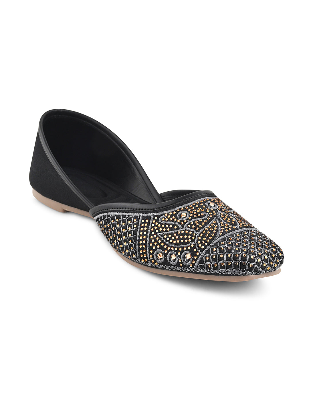 JM Looks women's juttis with intricate embellishments and a traditional design
 Black