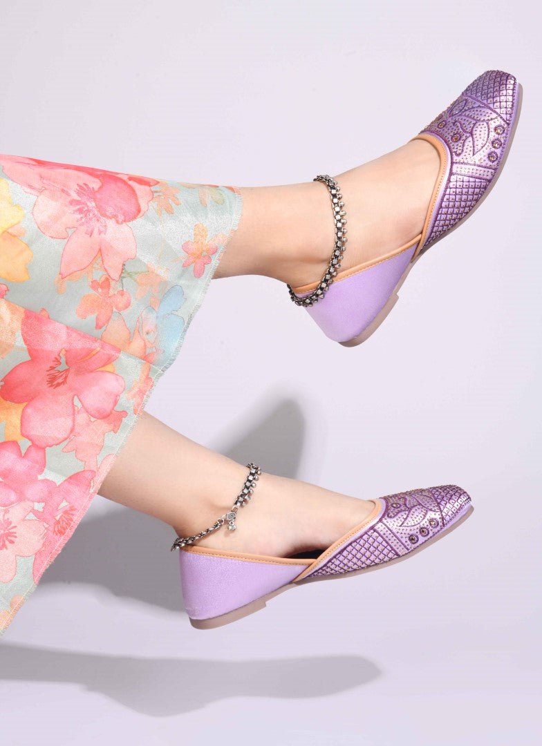 JM Looks women's juttis with intricate embellishments and a traditional design
 Purple