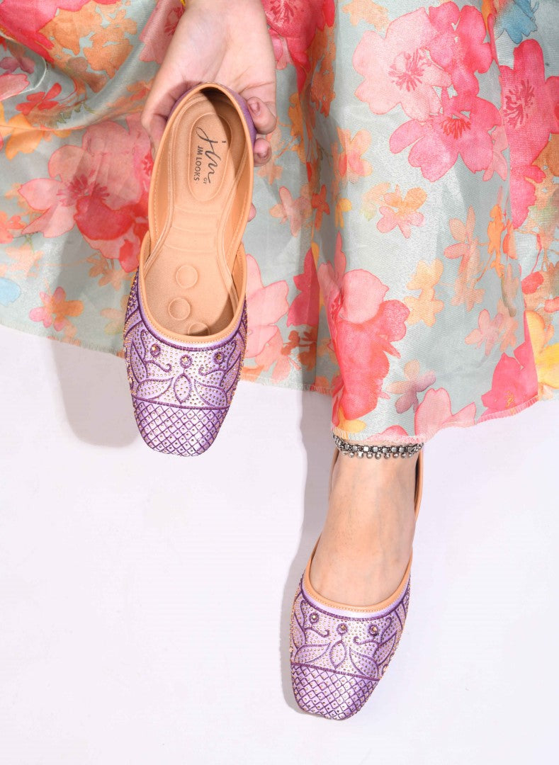 JM Looks women's juttis with intricate embellishments and a traditional design
 Purple
