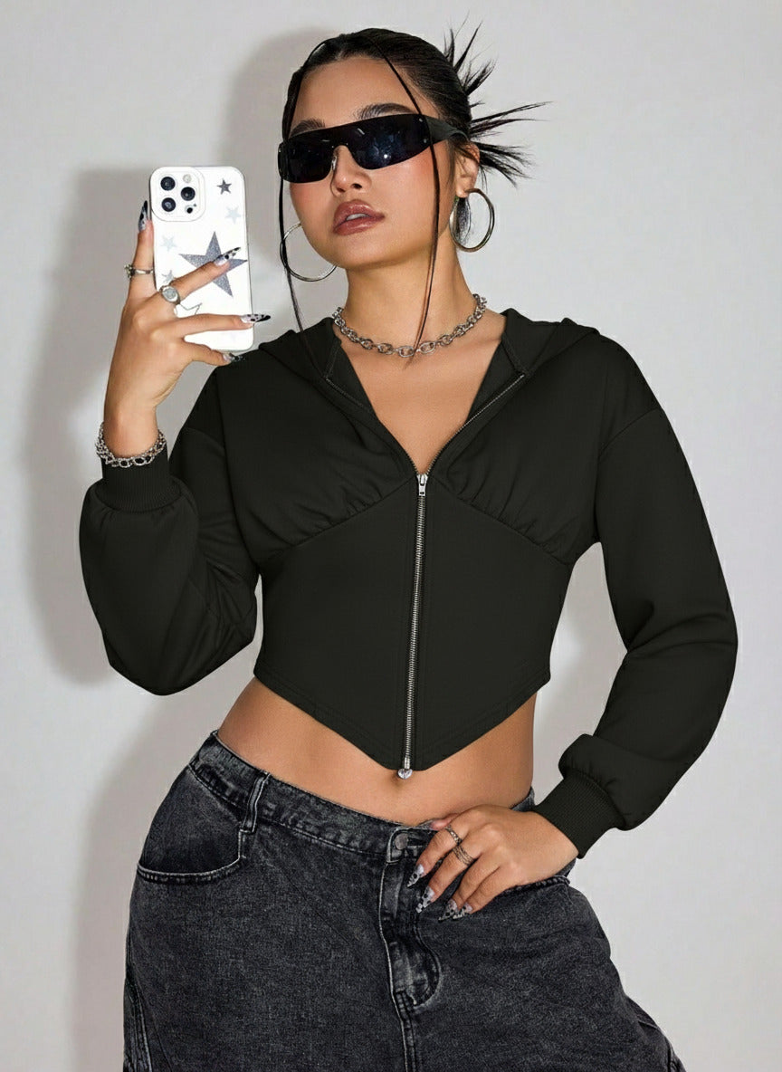 Crop hoodie for women in black with full zip, corset hem, long sleeves and slim fit