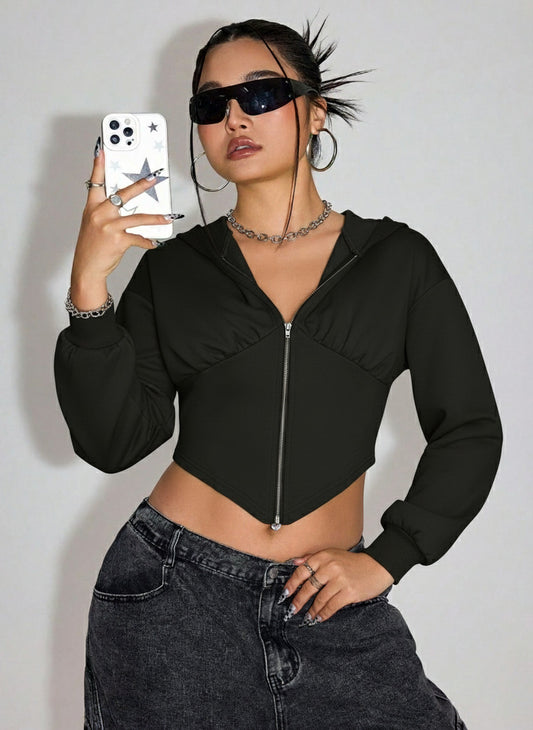 Crop hoodie for women in black with full zip, corset hem, long sleeves and slim fit