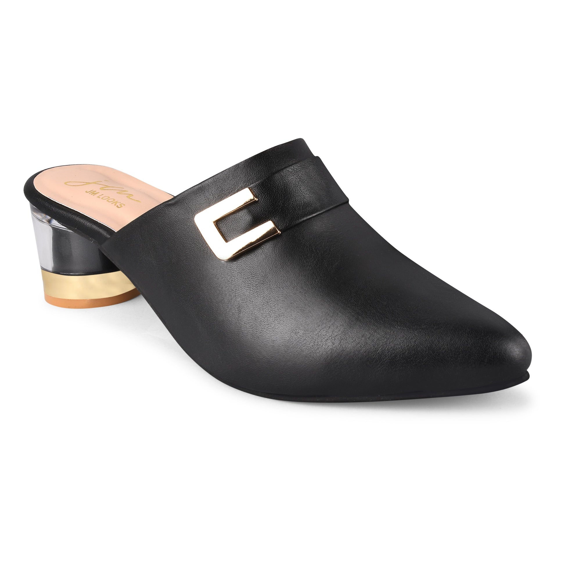 Women’s pointed-toe mules with buckle and metallic block heel Black
