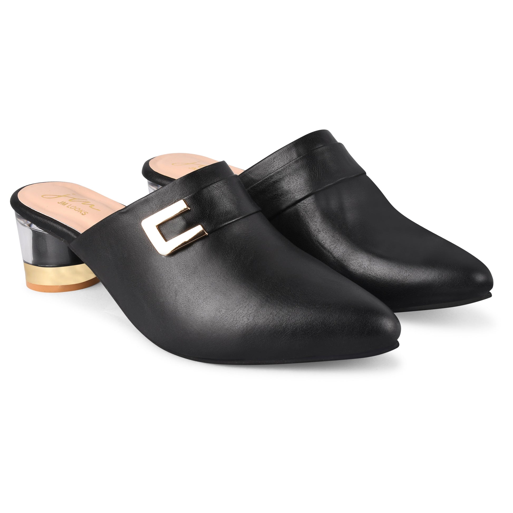 Women’s pointed-toe mules with buckle and metallic block heel Black
