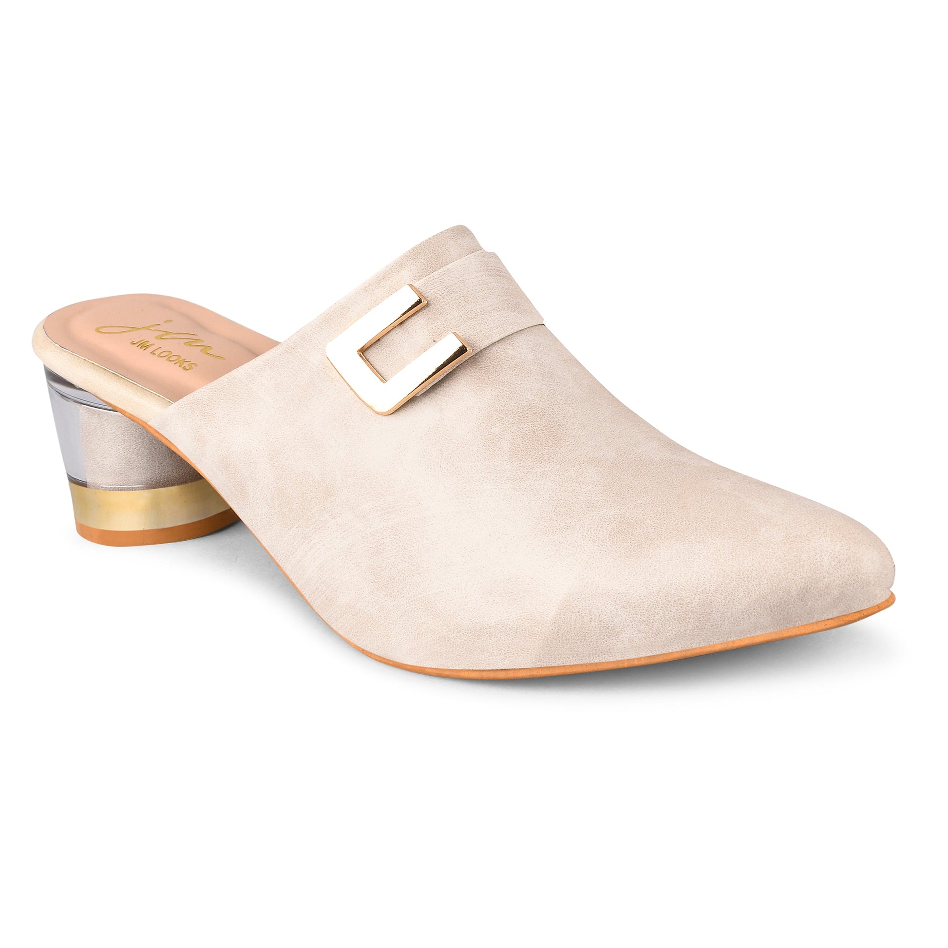 Women’s pointed-toe mules with buckle and metallic block heel Cream