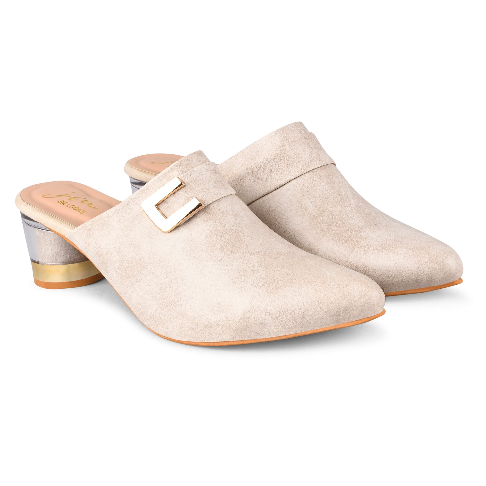 Women’s pointed-toe mules with buckle and metallic block heel Cream