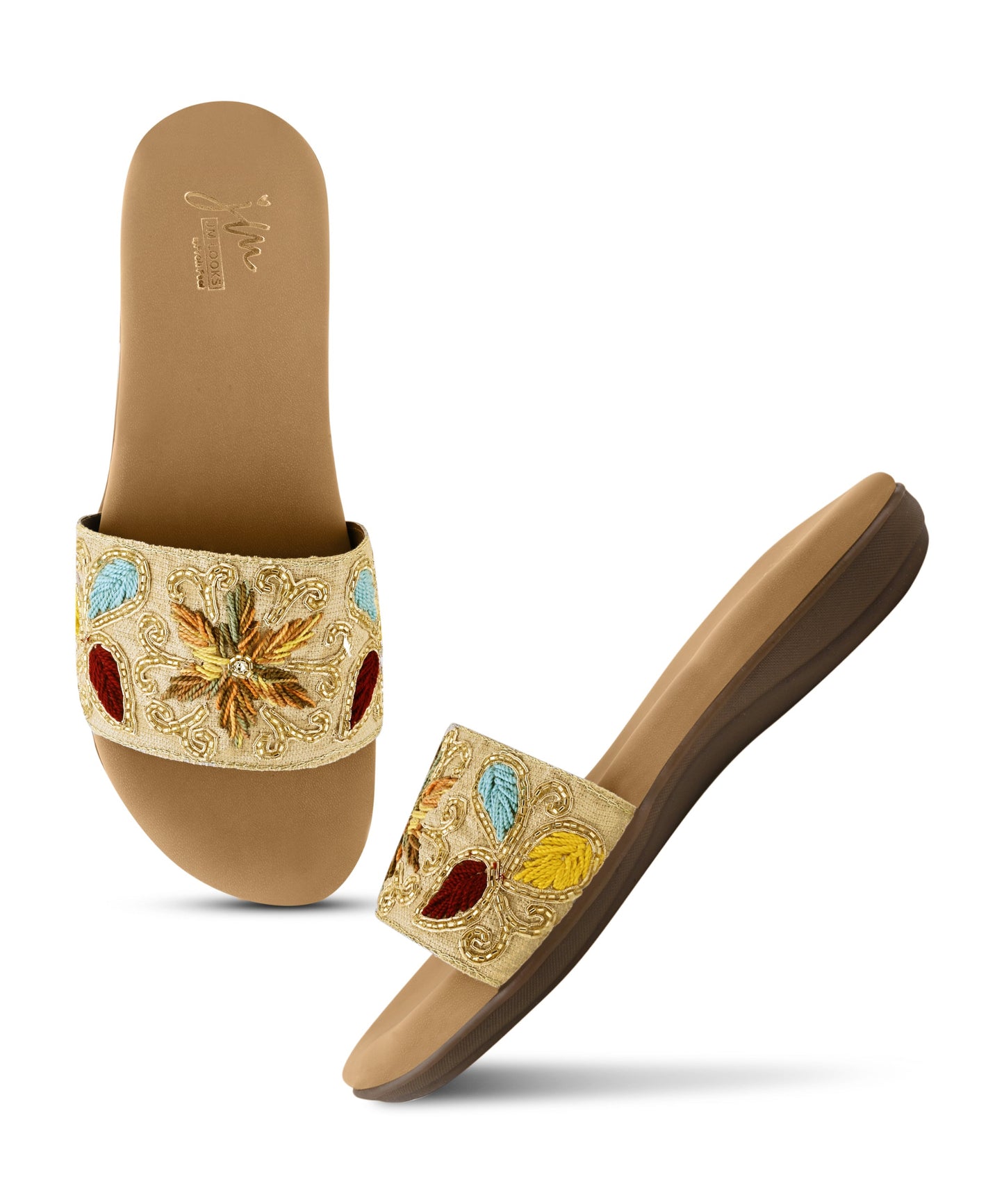 Embroidered slip-on slides for women in beige with multicolor floral thread work, gold beading, cushioned footbed.