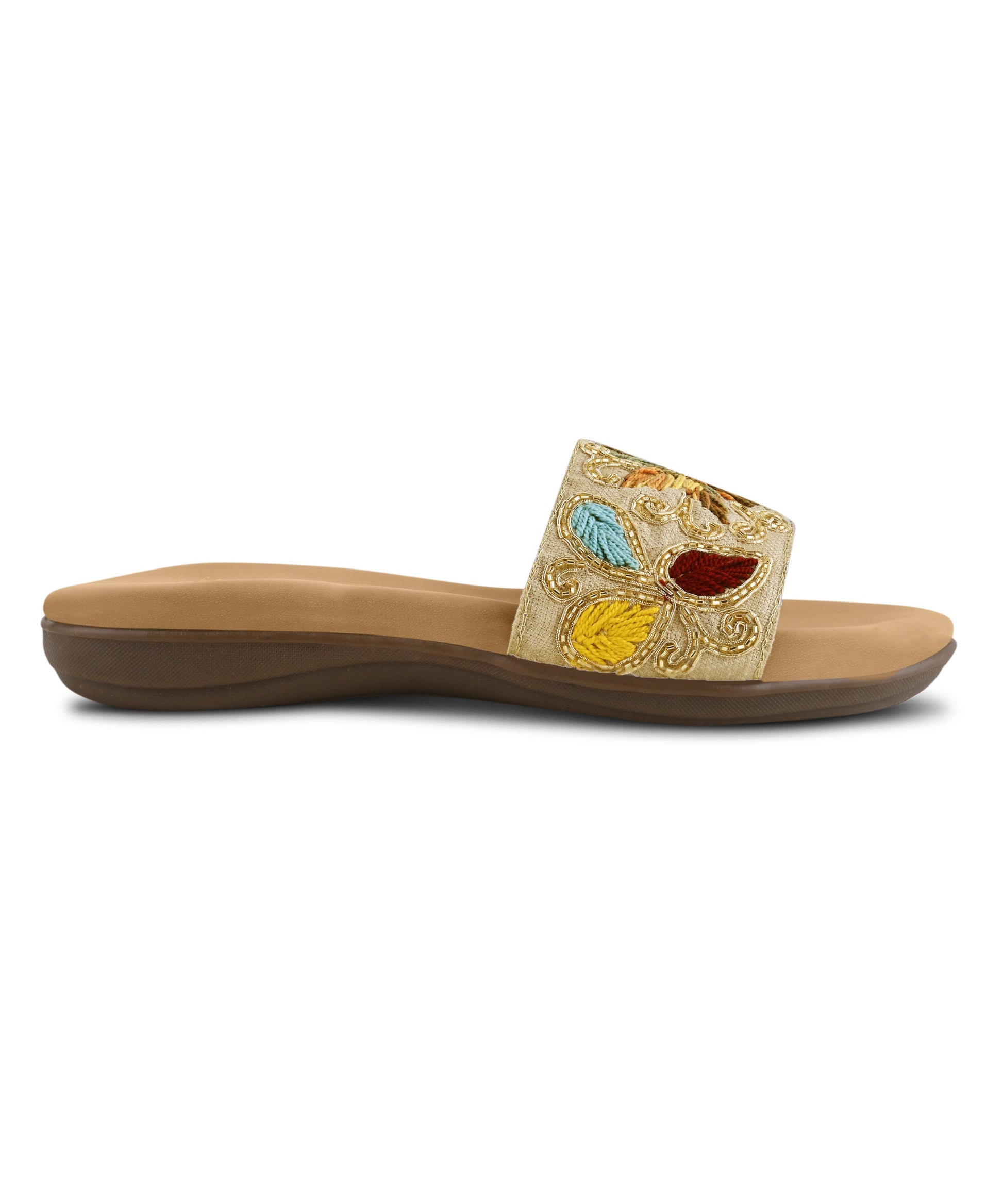 Embroidered slip-on slides for women in beige with multicolor floral thread work, gold beading, cushioned footbed.