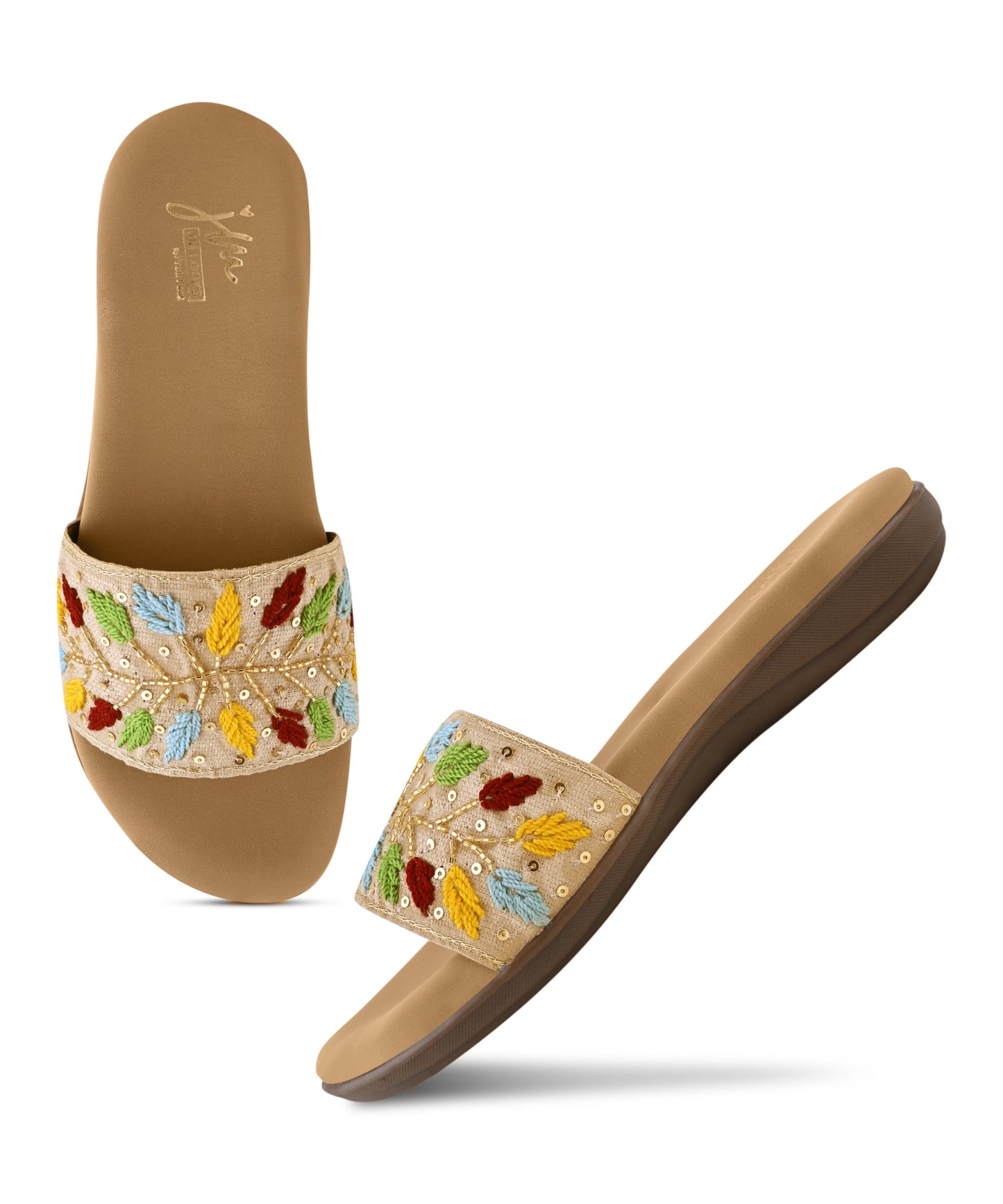 Sandals for women featuring beige embroidered leaf strap with sequins, cushioned footbed, and casual slip-on design.