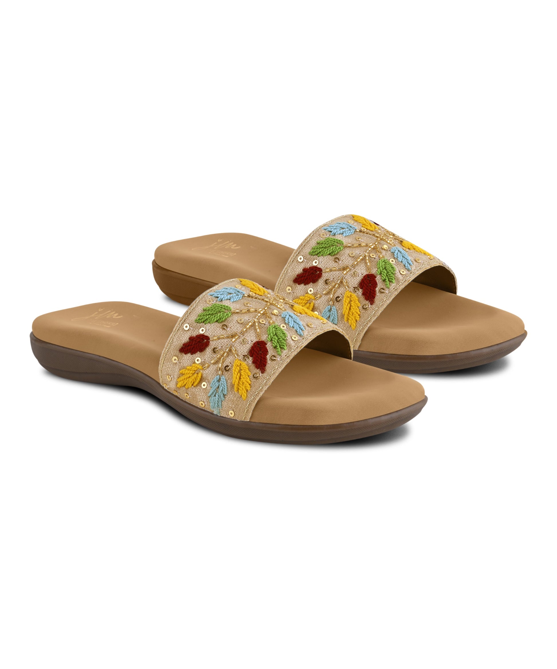Sandals for women featuring beige embroidered leaf strap with sequins, cushioned footbed, and casual slip-on design.