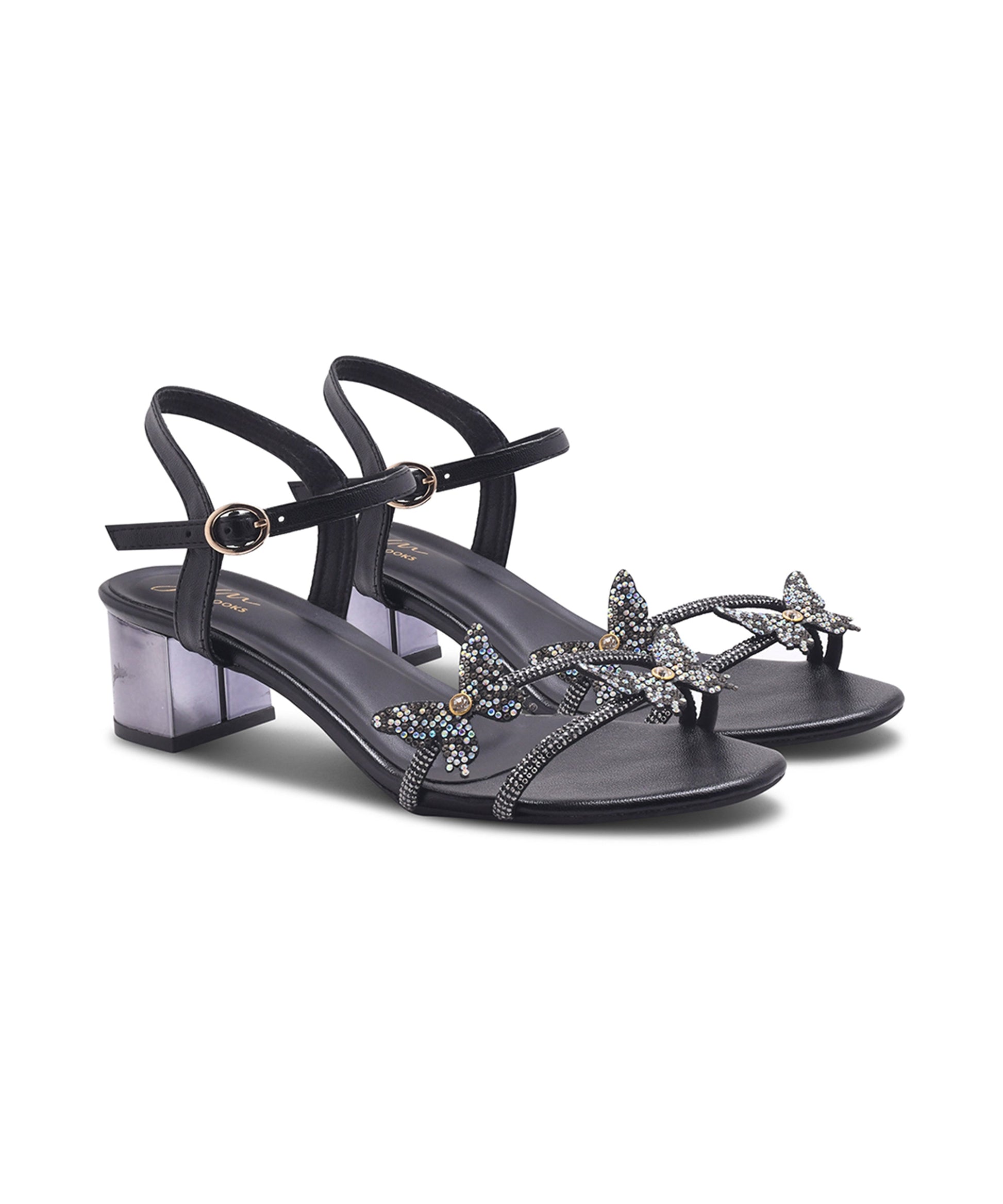 JM Looks Women's Silver Block Heel Sandals | Metallic Ankle Strap Party Heels Black