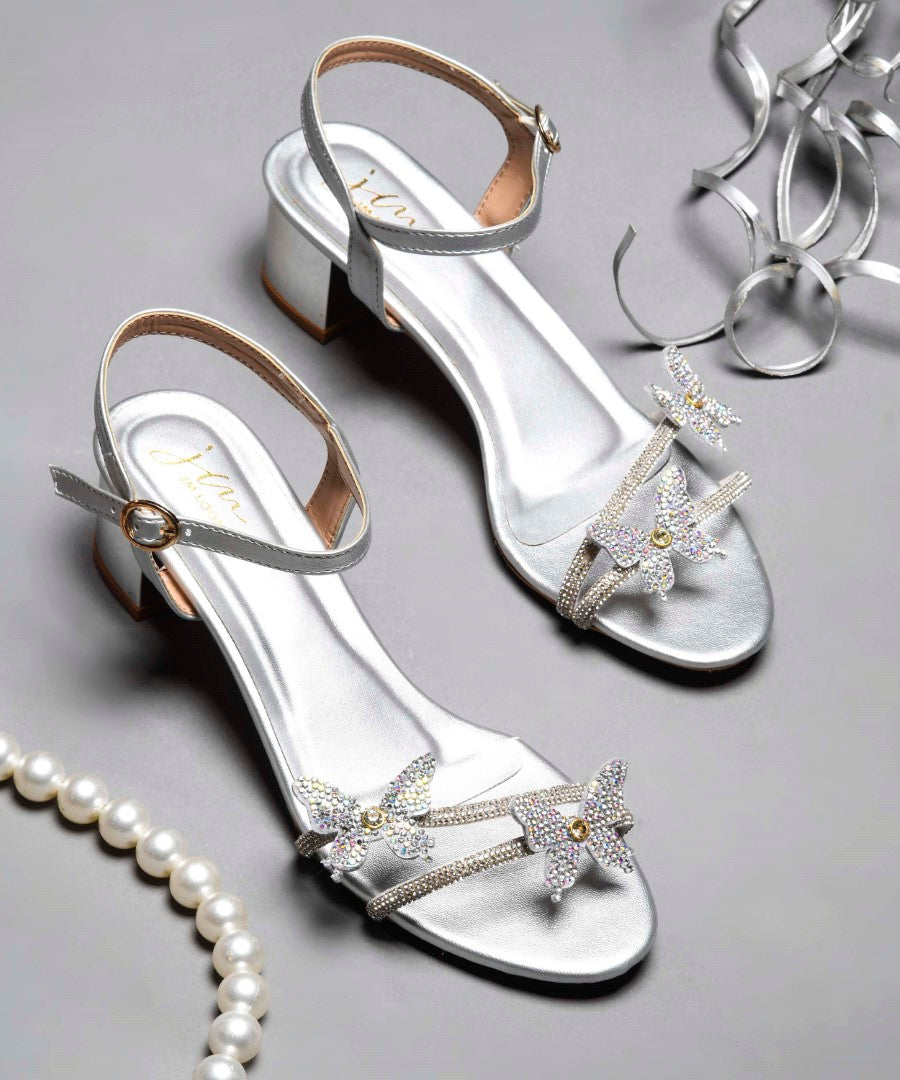 JM Looks Women's Silver Block Heel Sandals | Metallic Ankle Strap Party Heels Silver