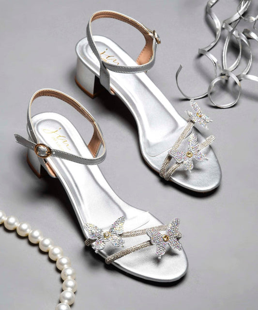 JM Looks Women's Silver Block Heel Sandals | Metallic Ankle Strap Party Heels Silver