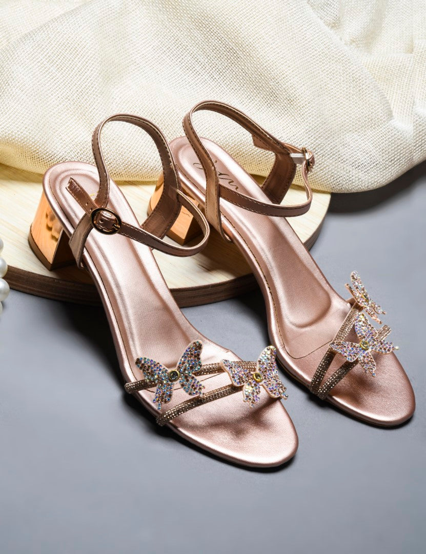JM Looks Women's Silver Block Heel Sandals | Metallic Ankle Strap Party Heels Peach