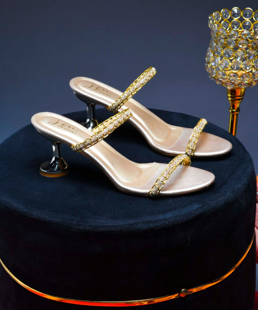 JM Looks Women's Black Block Heel Sandals | Glossy Ankle Strap Party Heels Golden