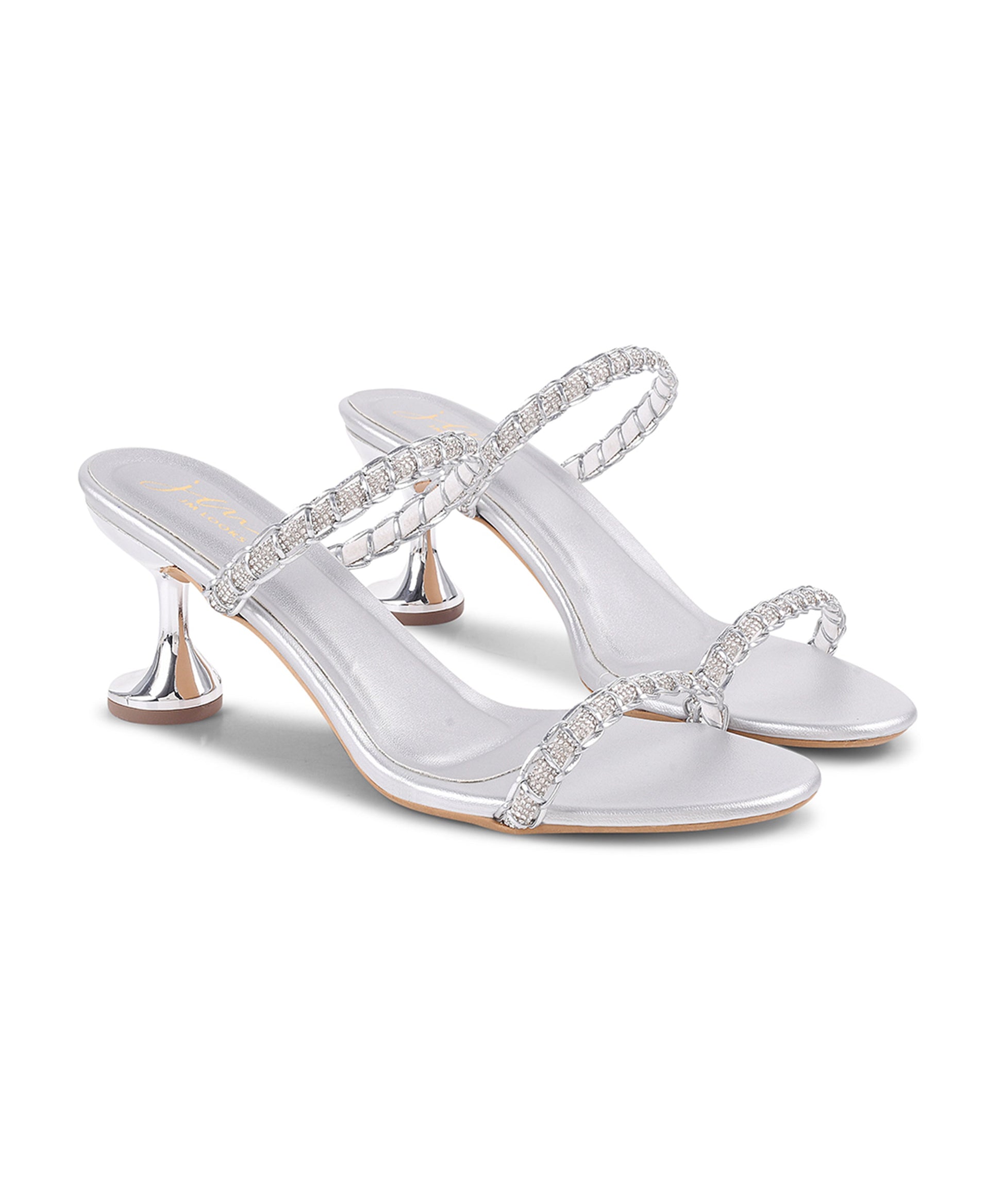 JM Looks Women's Black Block Heel Sandals | Glossy Ankle Strap Party Heels Silver