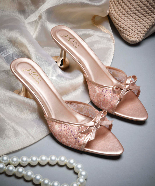 JM Looks Women's Sultan Gold Block Heel Sandals | Glossy Ankle Strap Party Heels Peach