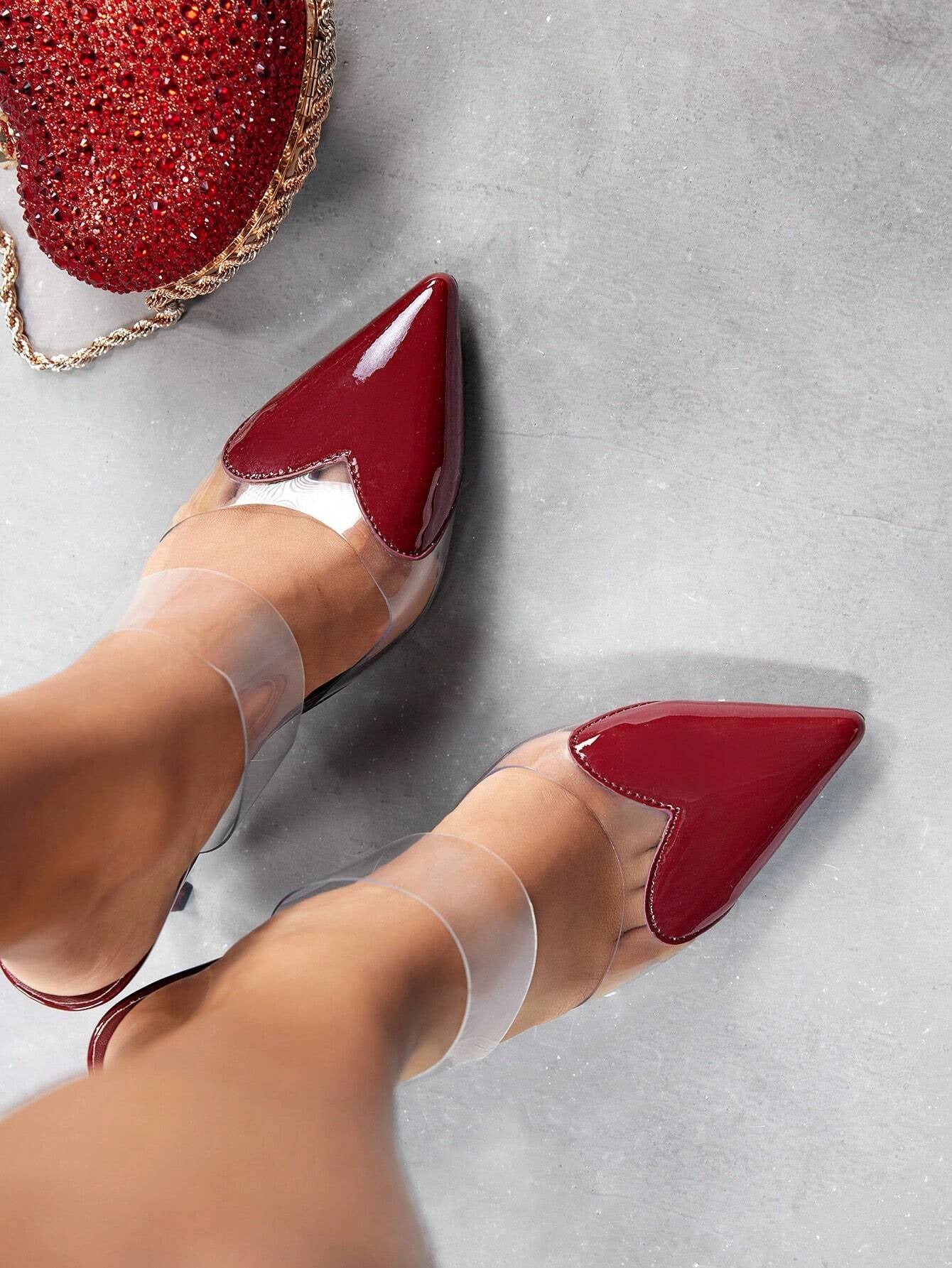 Transparent strap pointed toe mules in cherry red patent featuring slim stiletto heels for stylish women