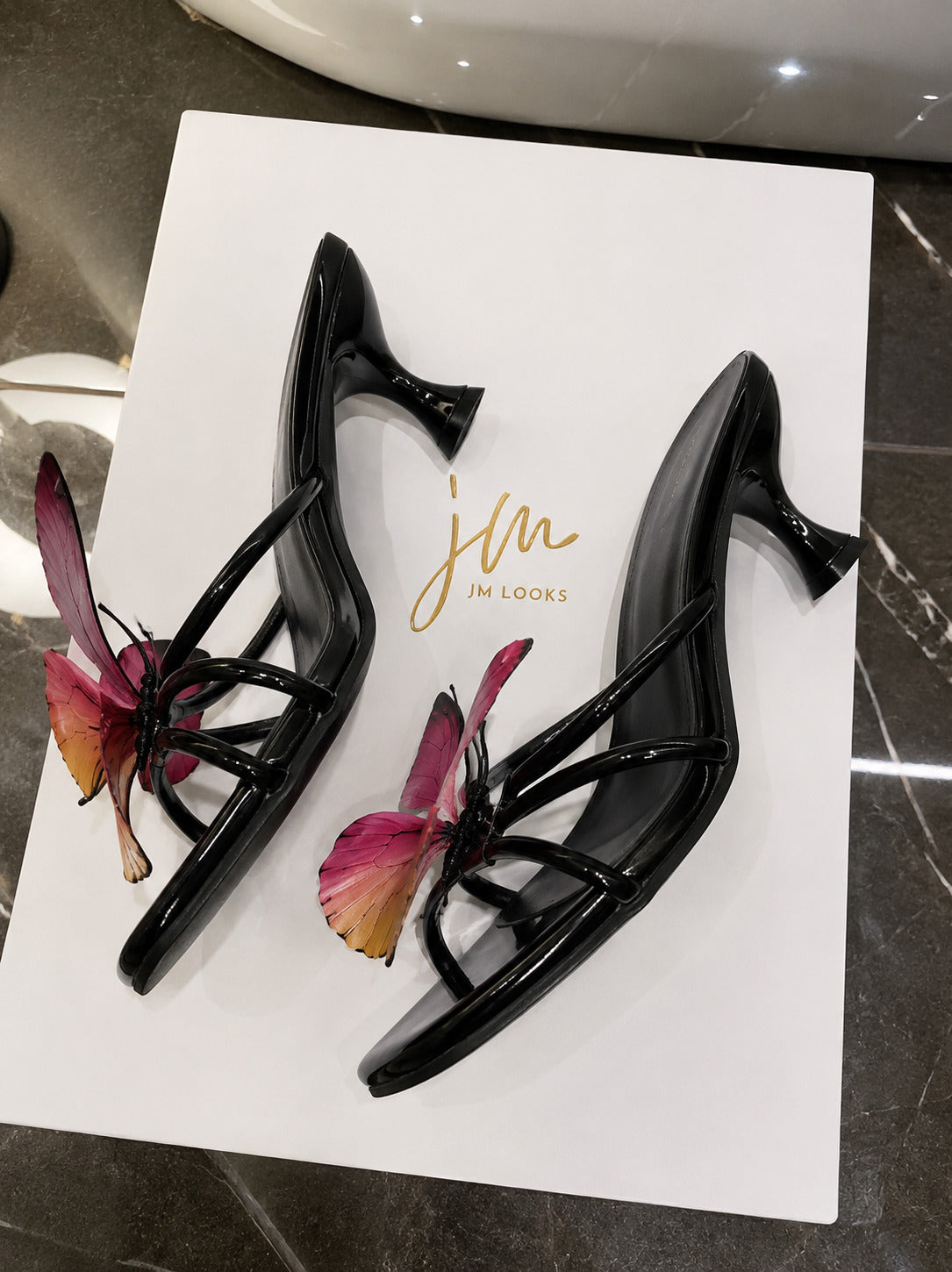 Butterfly heeled mules for women, black 3D butterfly detail, clear transparent straps, square toe, spool heel