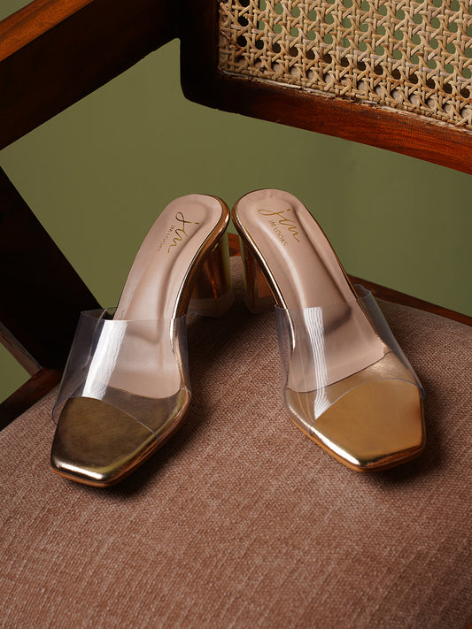 Stylish women's block heels with clear straps and square toe Gold