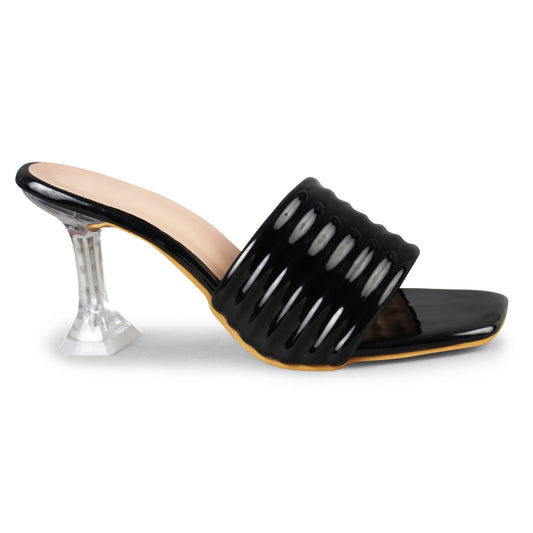Transparent heels for women black glossy padded square open toe mule with clear flared spool heel