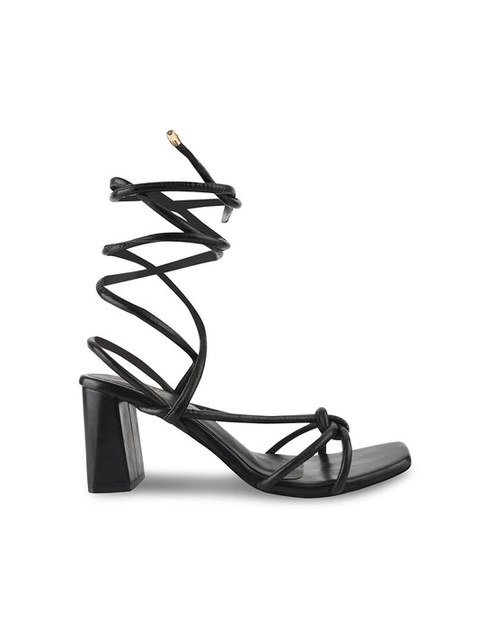 Open Toe Chunky Heeled Sandals with Lace Fastening for Women and Girls Black