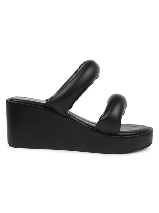 Women’s double puffy strap open toe platform sandals with cushioned sole Black