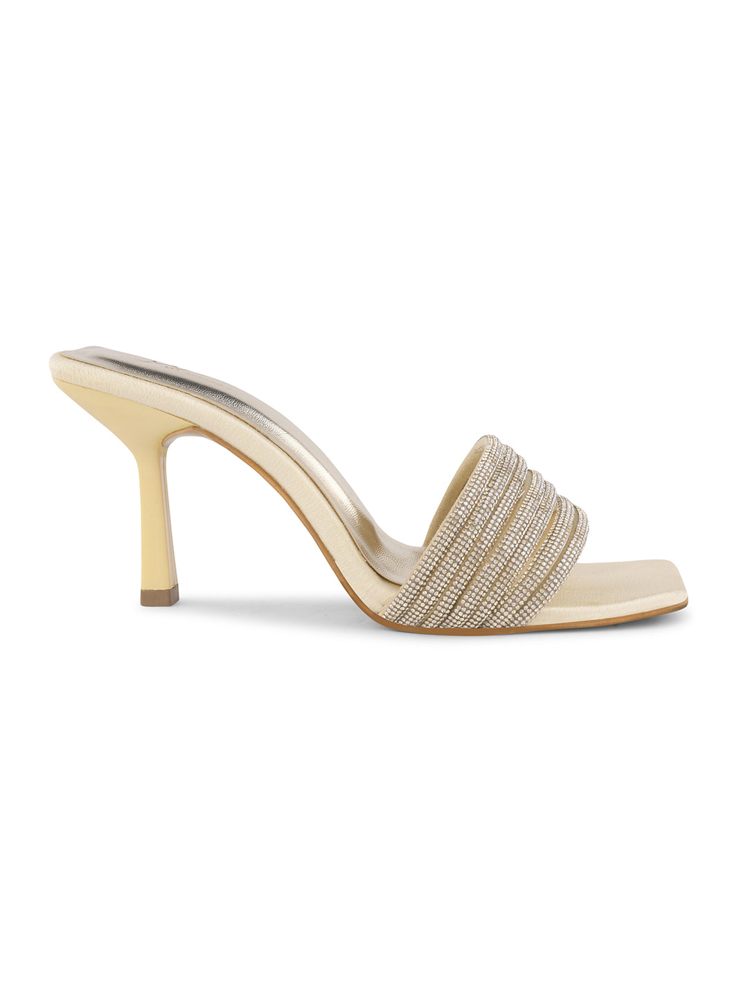 pen-toe high-heeled mules with an embellished wide strap and a contemporary square toe
 Gold