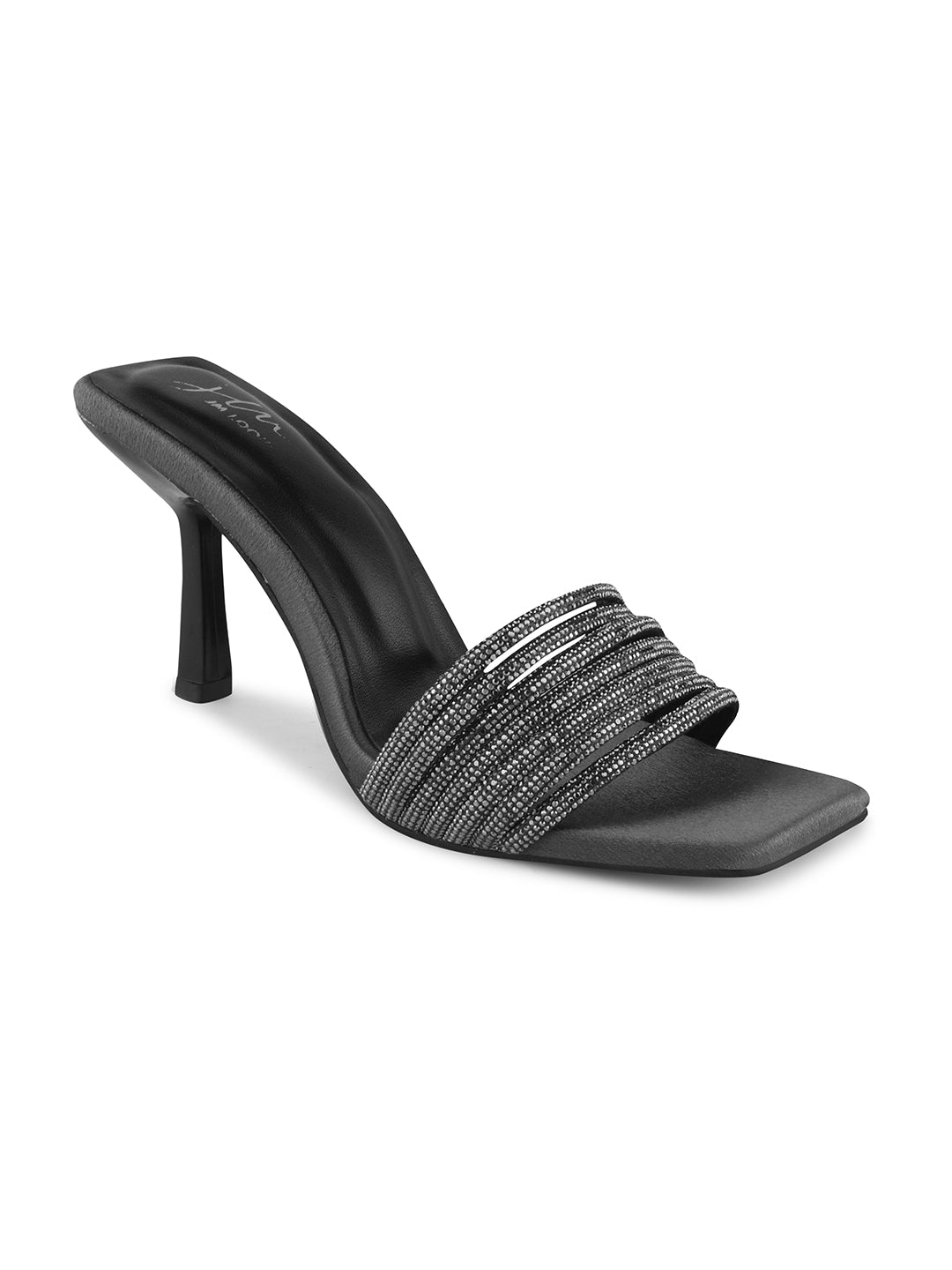 pen-toe high-heeled mules with an embellished wide strap and a contemporary square toe
 Grey