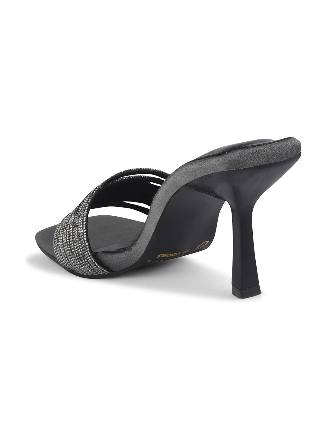 pen-toe high-heeled mules with an embellished wide strap and a contemporary square toe
 Grey