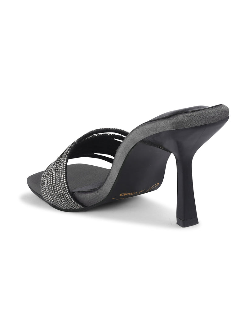 pen-toe high-heeled mules with an embellished wide strap and a contemporary square toe
 Grey