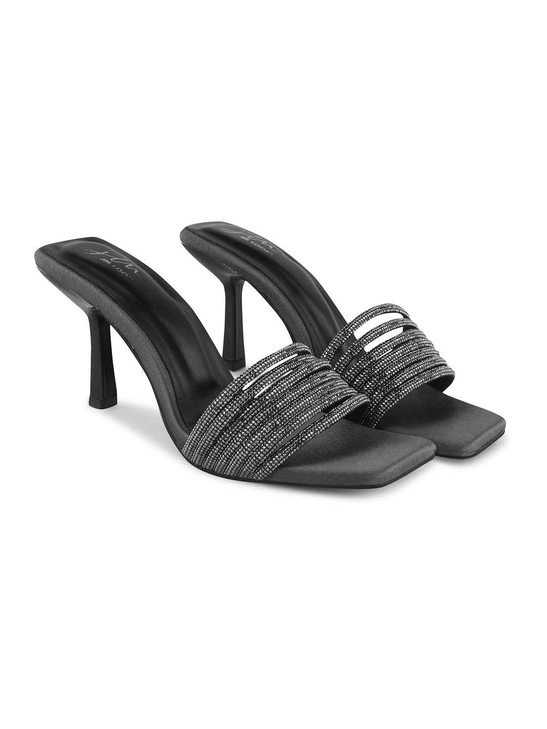 pen-toe high-heeled mules with an embellished wide strap and a contemporary square toe
 Grey