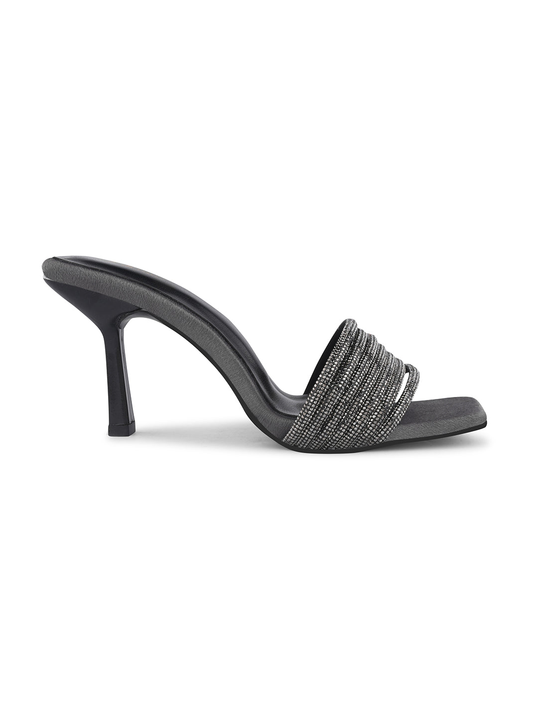 pen-toe high-heeled mules with an embellished wide strap and a contemporary square toe
 Grey