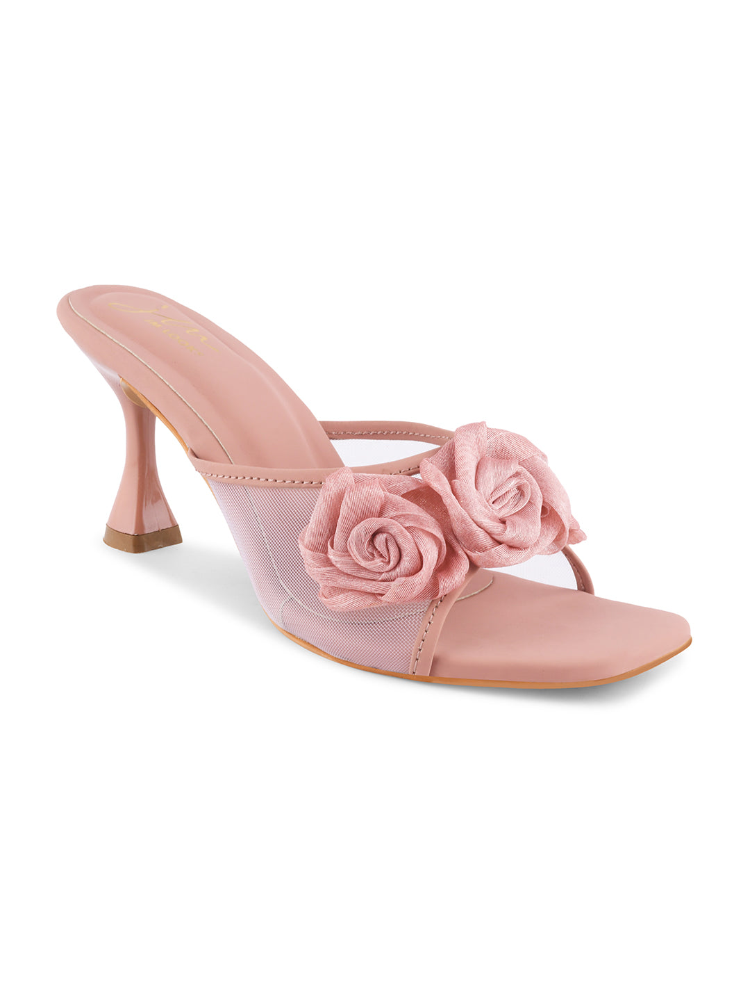 JM Looks heeled mules featuring two prominent floral appliques on the vamp strap and a flared heel
 Peach