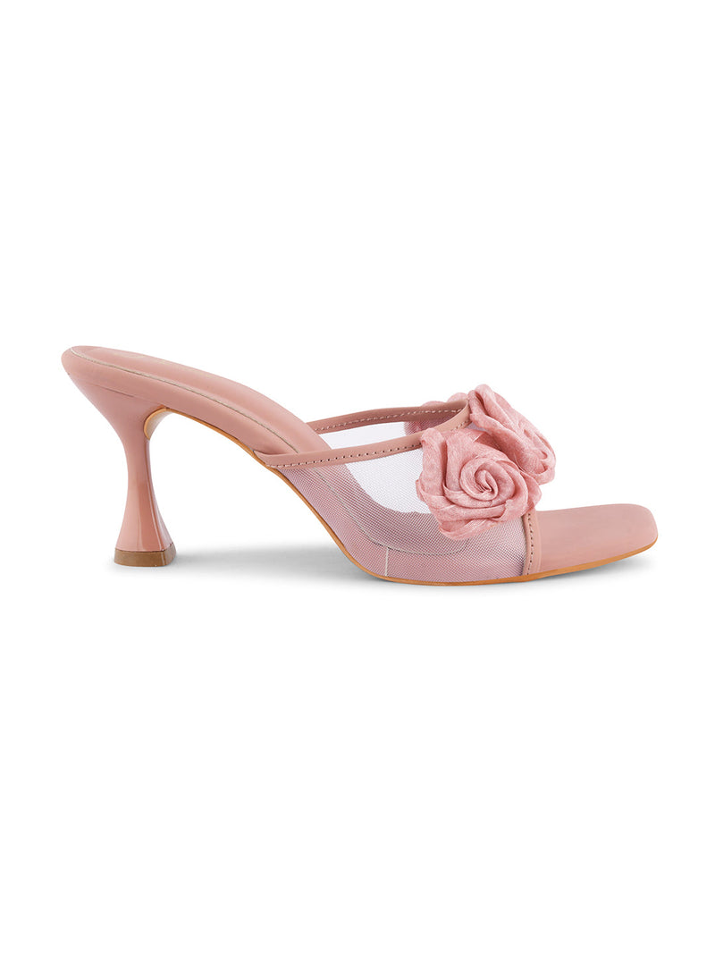 JM Looks heeled mules featuring two prominent floral appliques on the vamp strap and a flared heel
 Peach