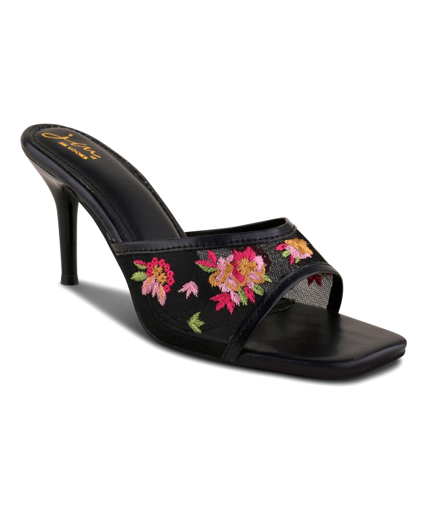 Floral embroidered black mesh stiletto heel sandal for women with square open toe and slip-on design